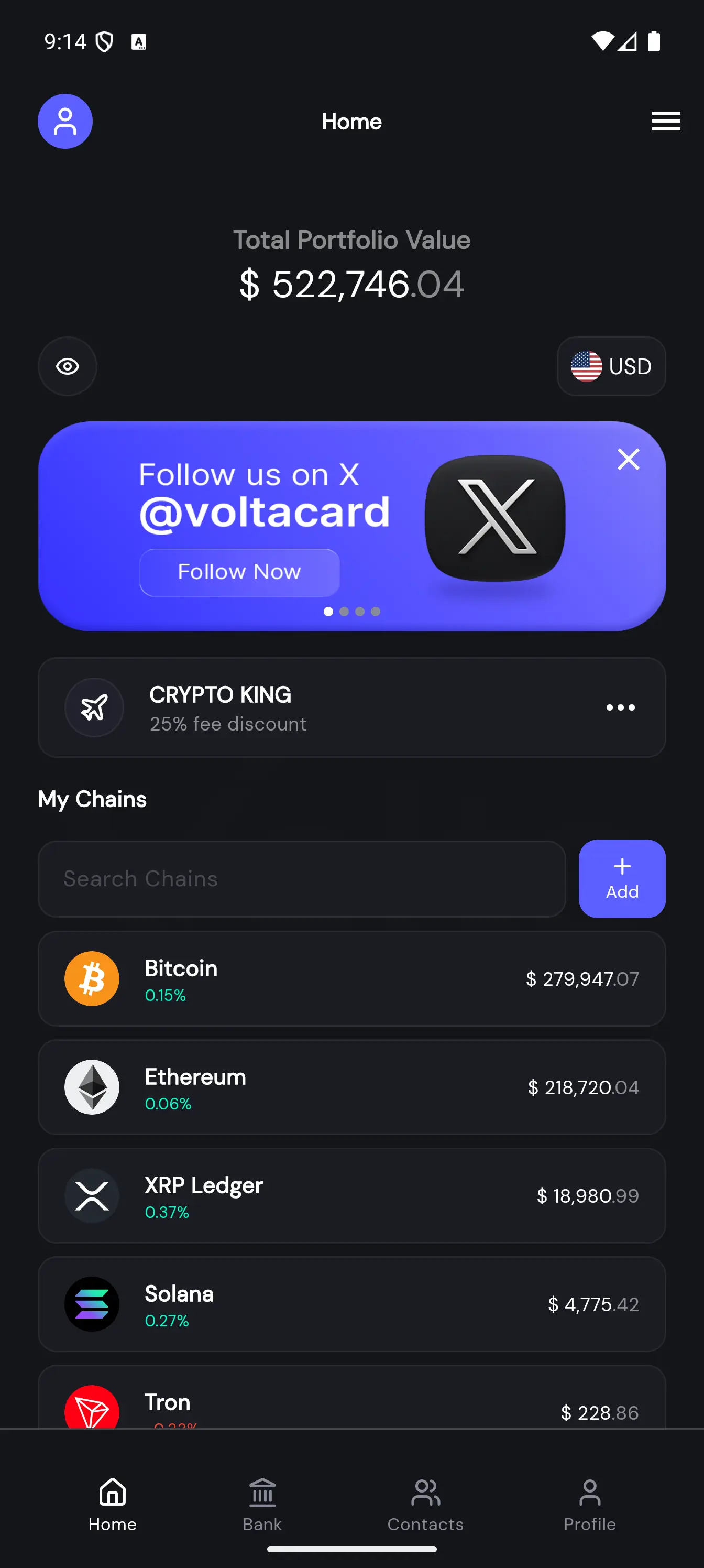 Volta Wallet Home Screen