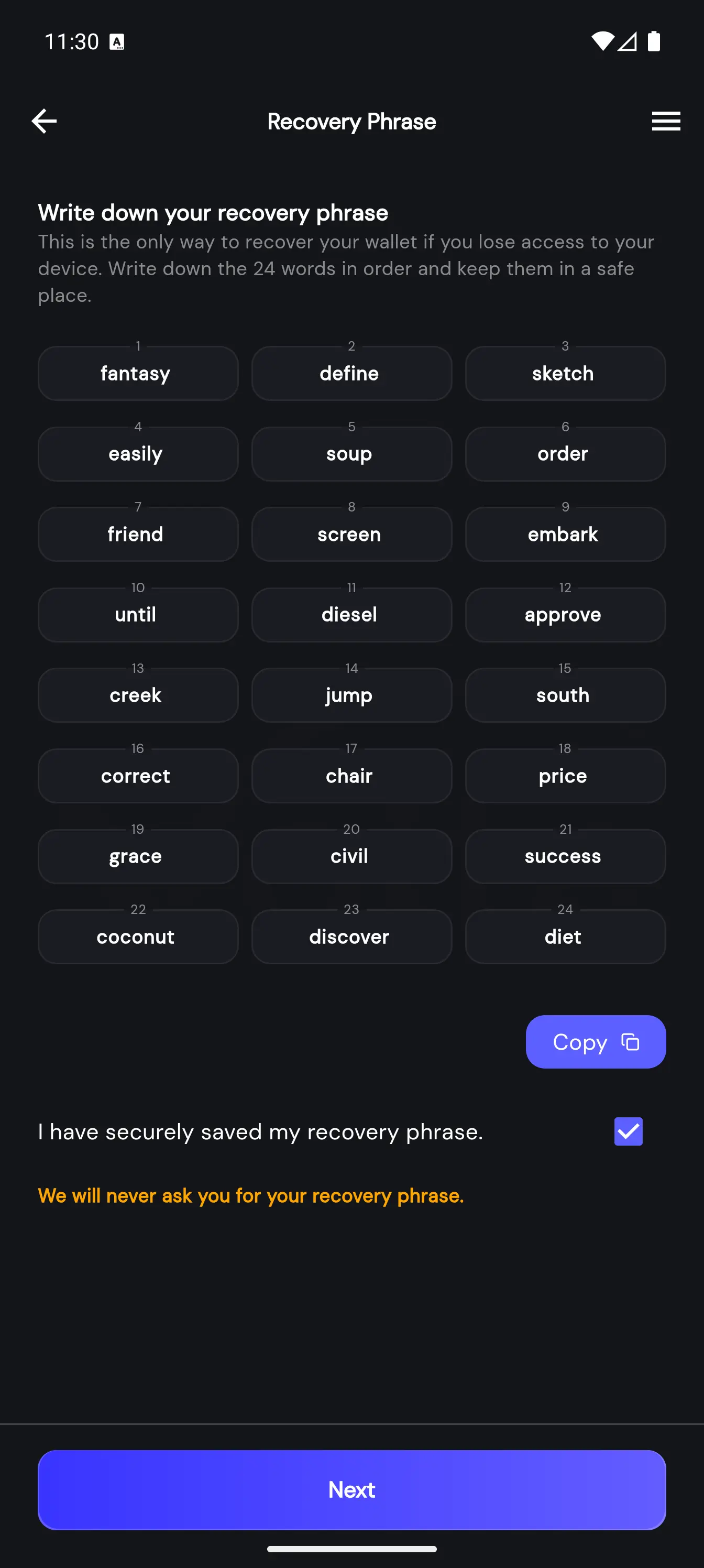 Volta Wallet Mnemonic Backup