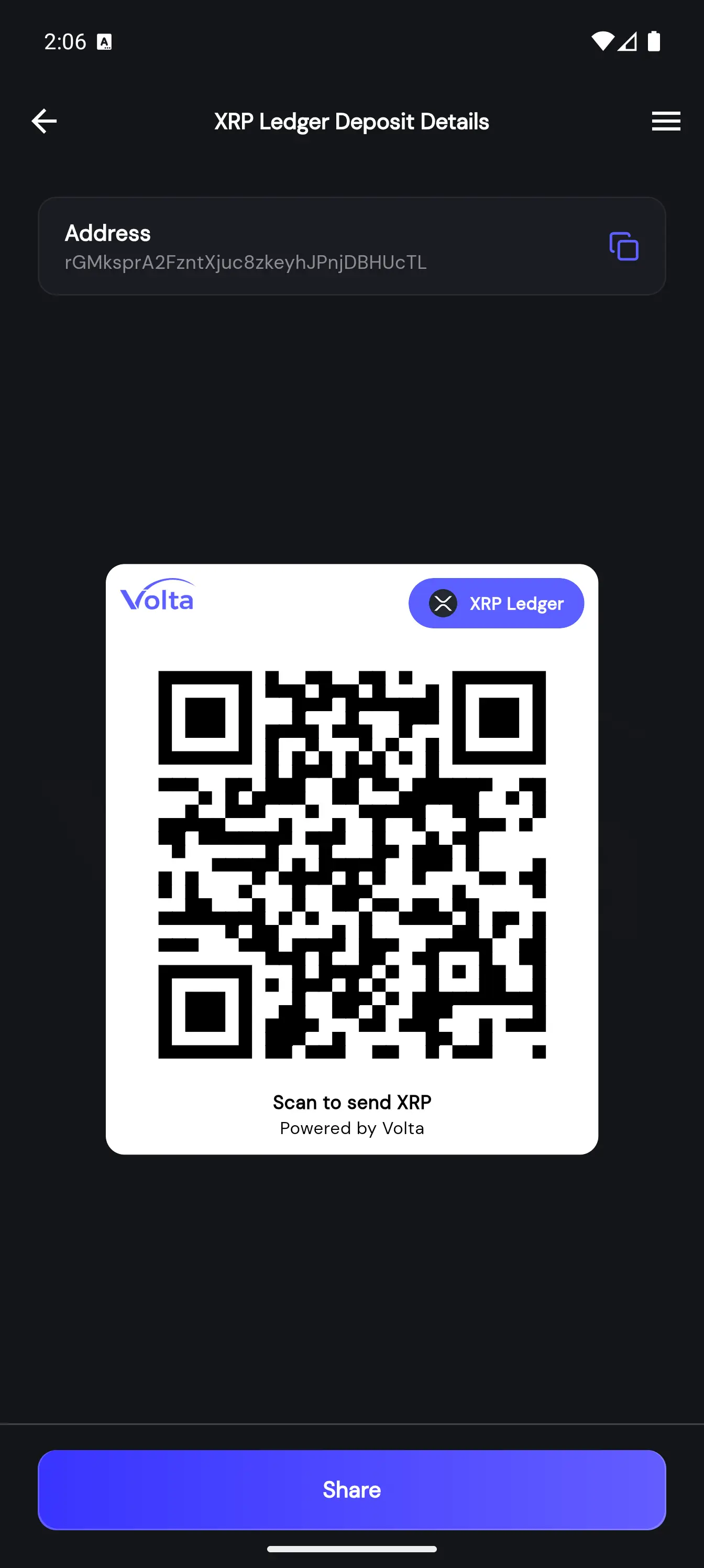 Volta Wallet Receive Screen